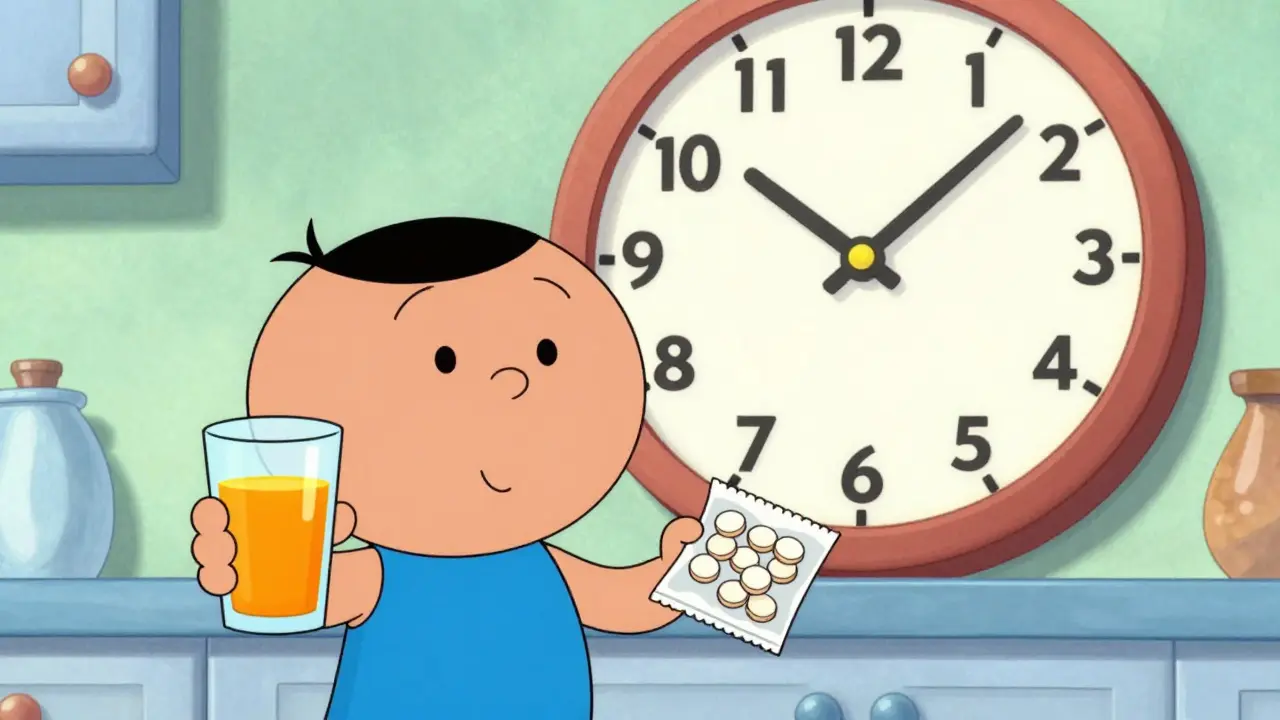 Character drinking juice and holding glucose tablets, illustrating the 15-15 rule