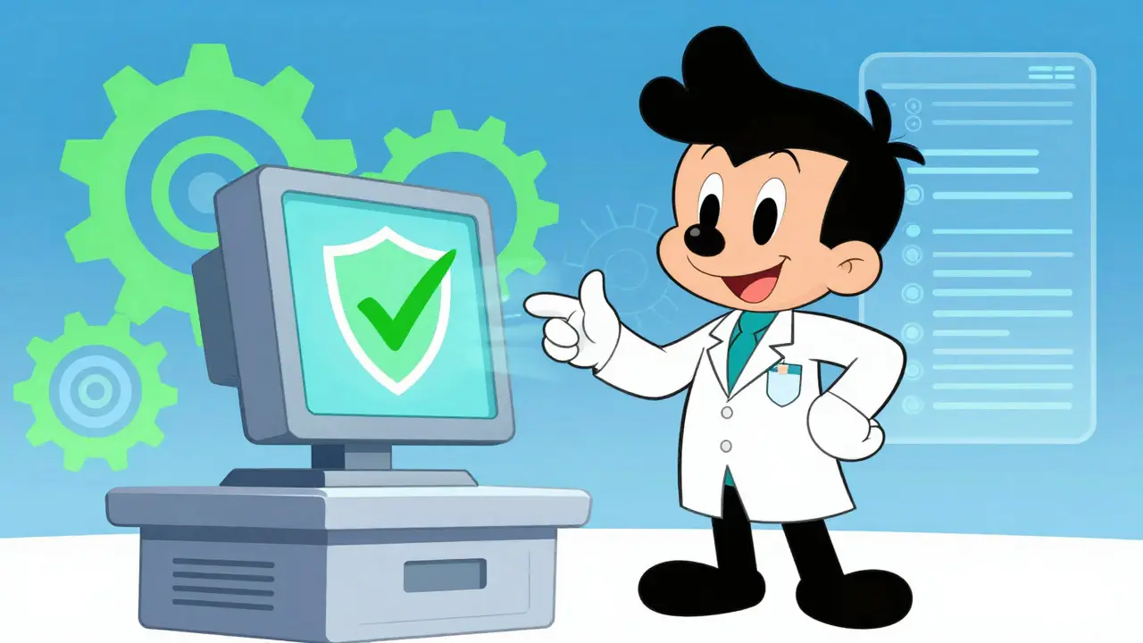 Clinician using a futuristic terminal for real-time drug safety monitoring.