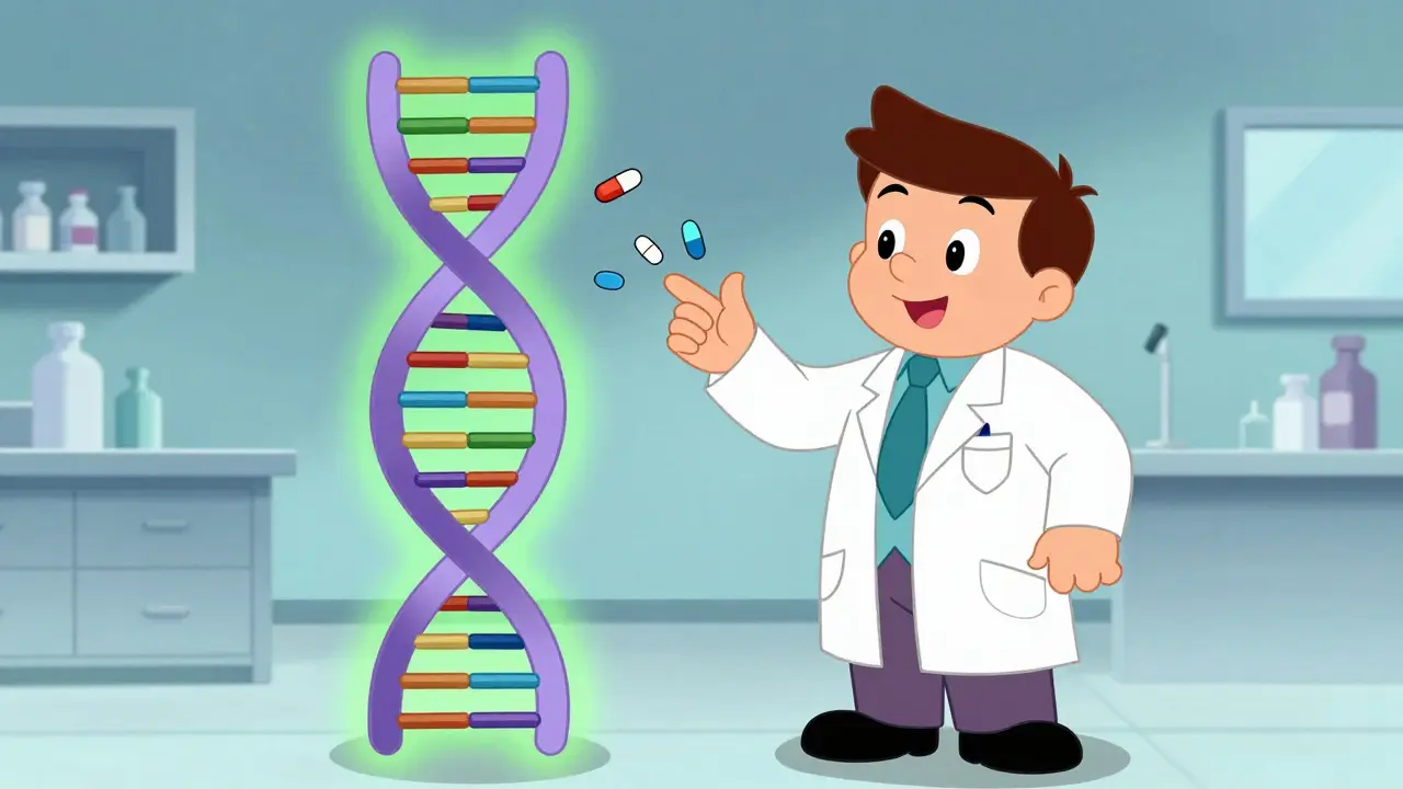 Doctor pointing at glowing DNA helix with pills, illustrating genetics