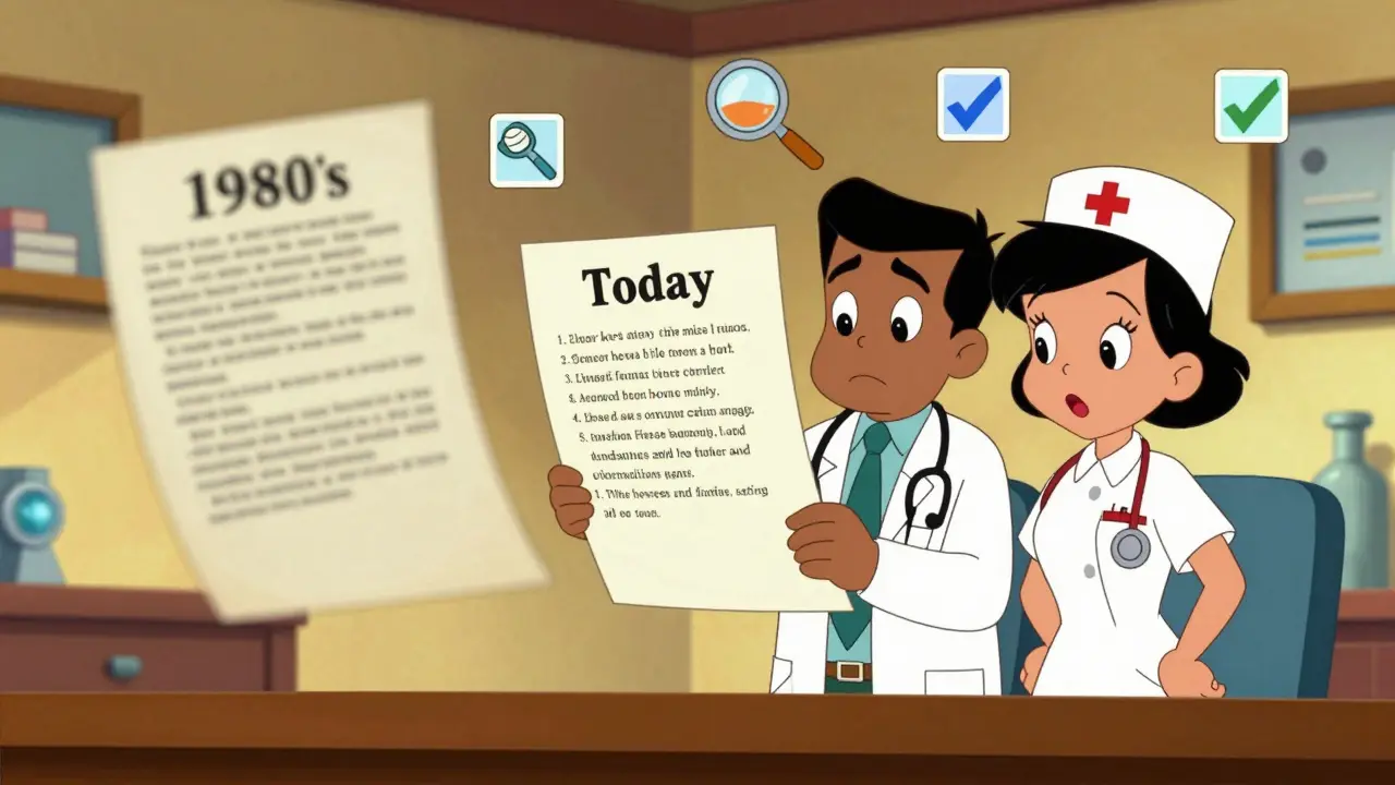 Doctors examining a modern drug label with clear safety data in a cartoon style.
