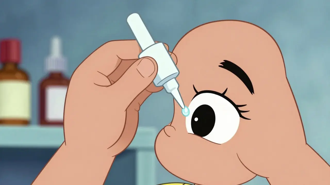 Hand applying preservative-free eye drop to eye