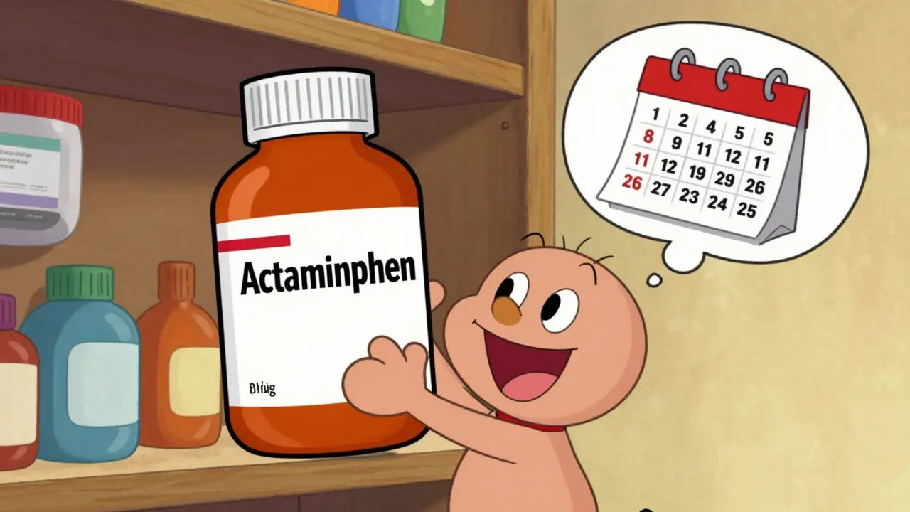 Happy cartoon character stocking shelves with bulk generic pain relievers