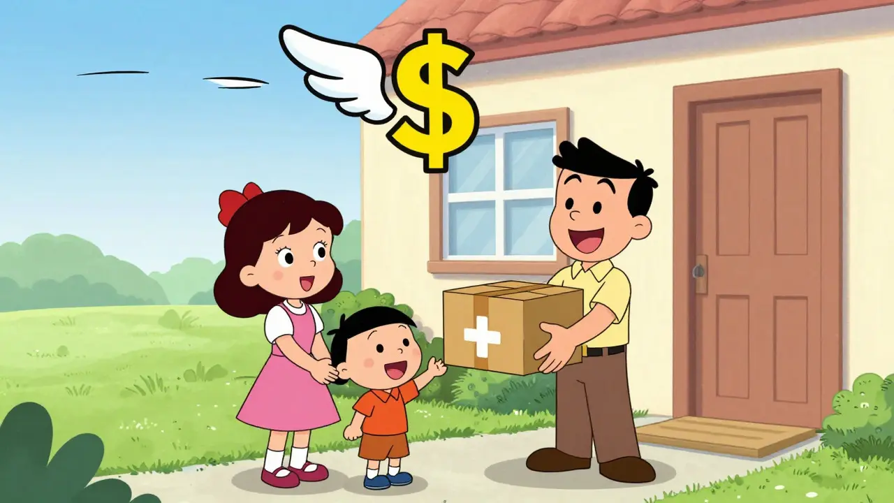 Happy family receiving saved money package