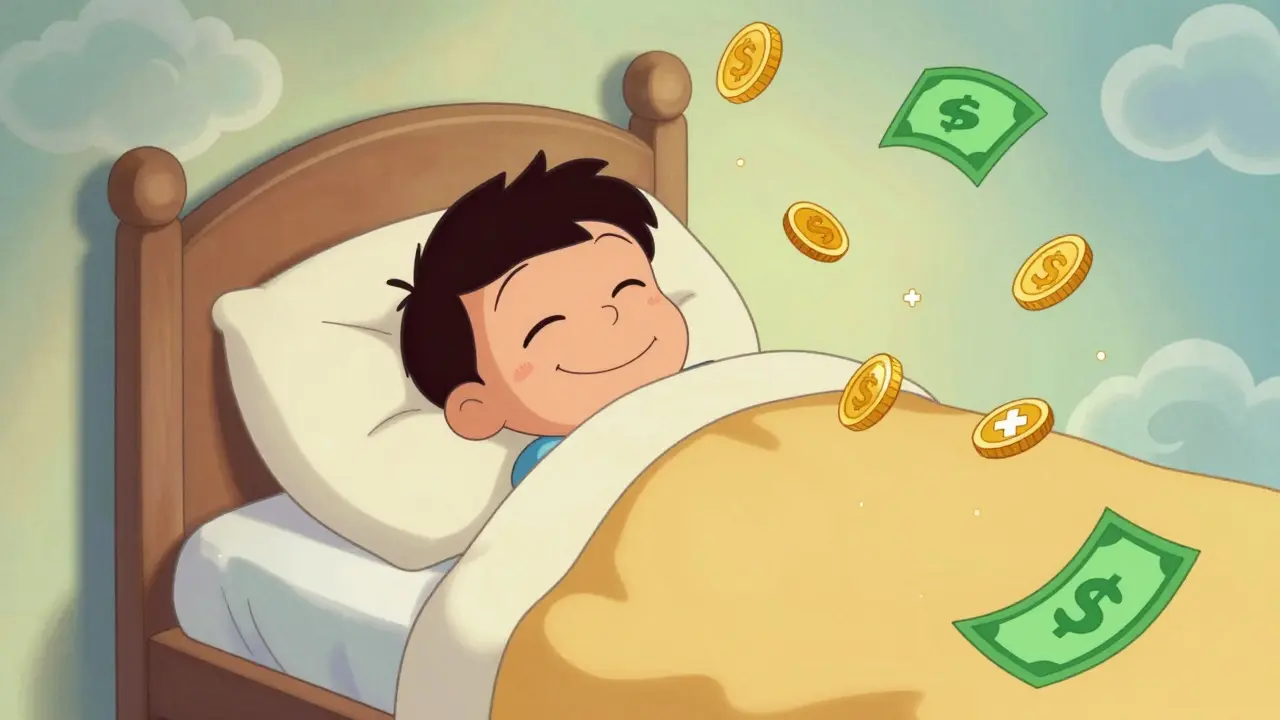Happy man sleeping soundly with floating coins and medical symbols