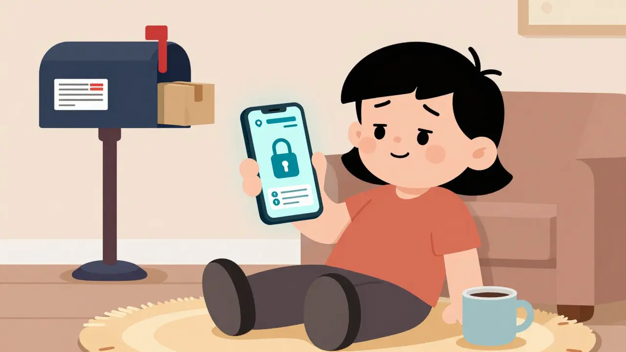 Happy person receiving medication delivery via smartphone app.