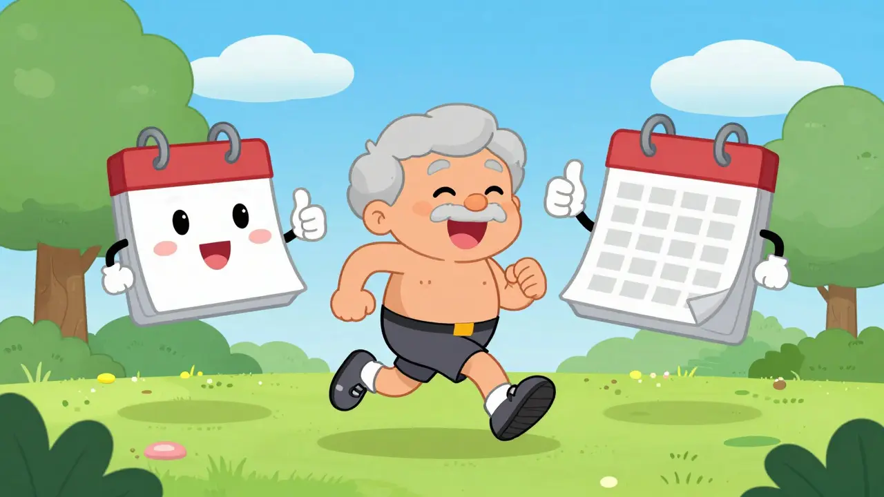 Happy senior jogging with a schedule character outdoors