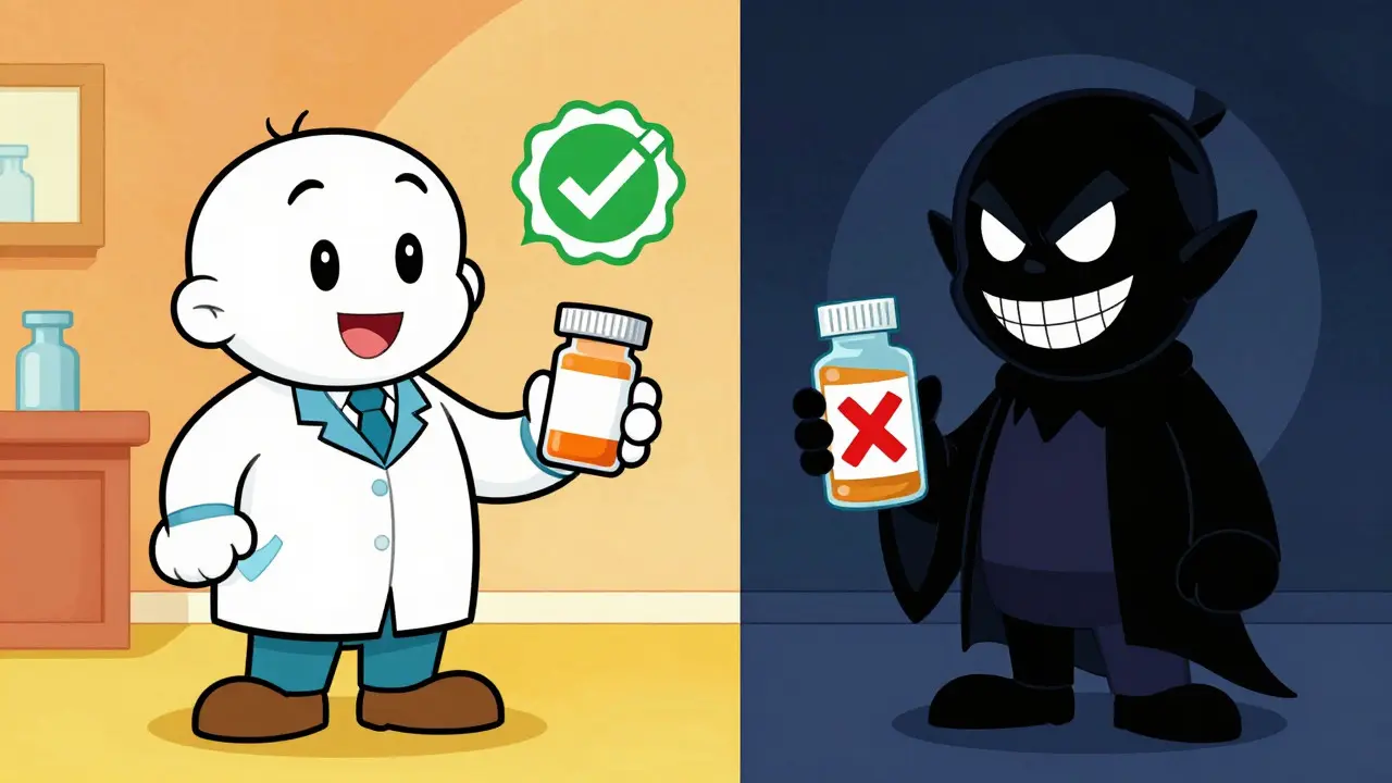 Illustration comparing safe pharmacy service with shady fake drugs.