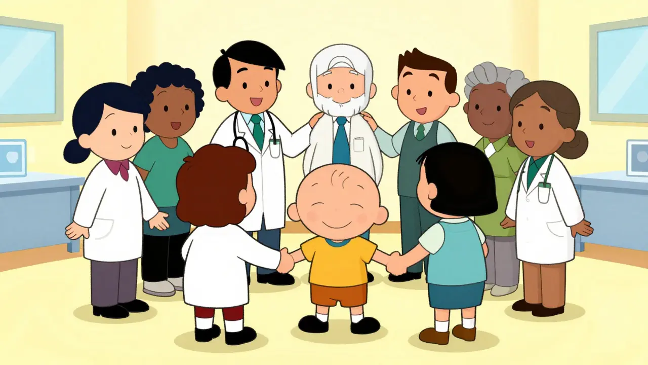 Illustration of unified medical team supporting a patient in a warm clinic setting.