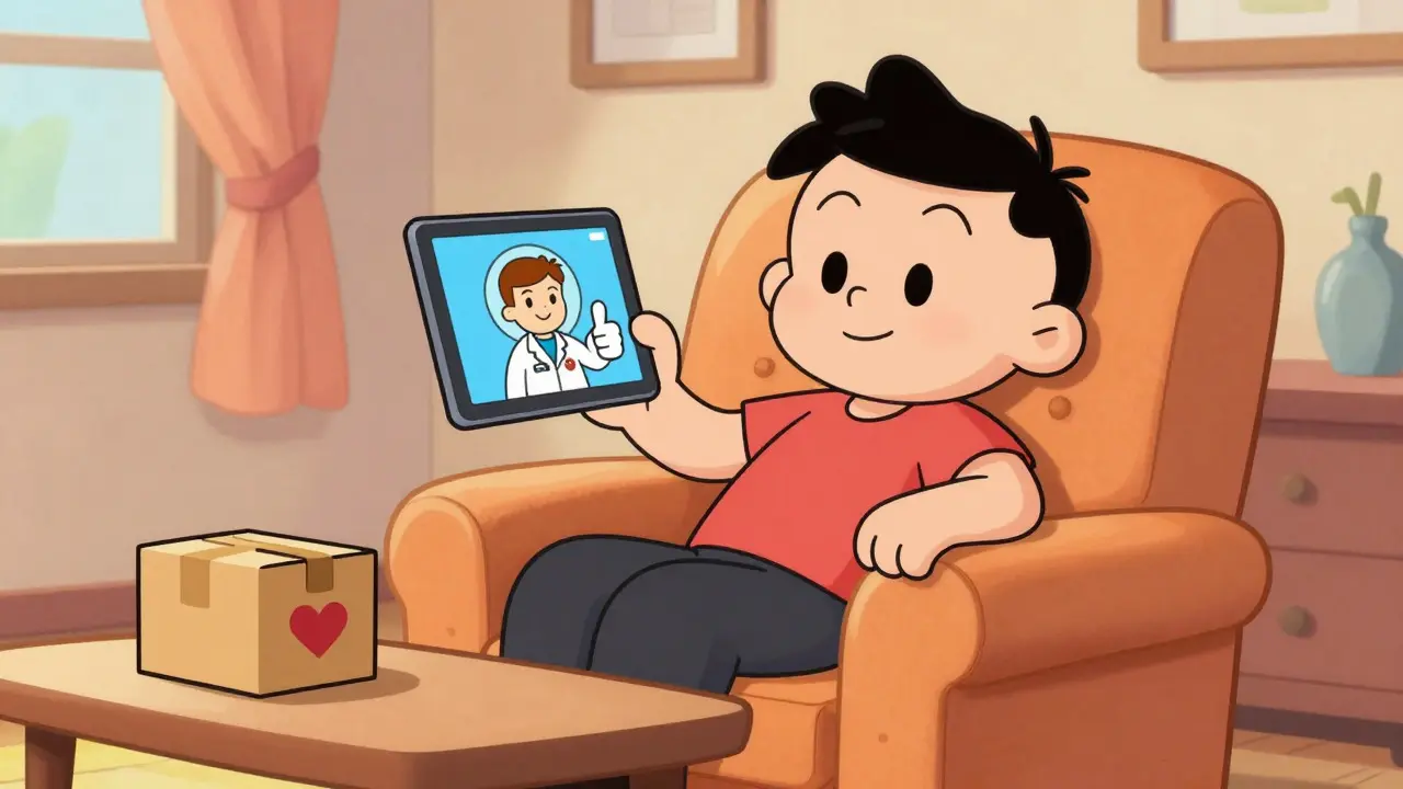 Man using tablet for telehealth consult with delivery box
