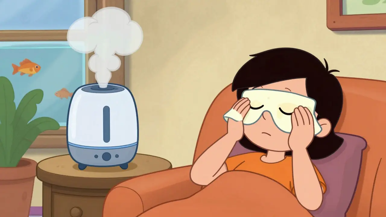 Person relaxing with warm compress and humidifier