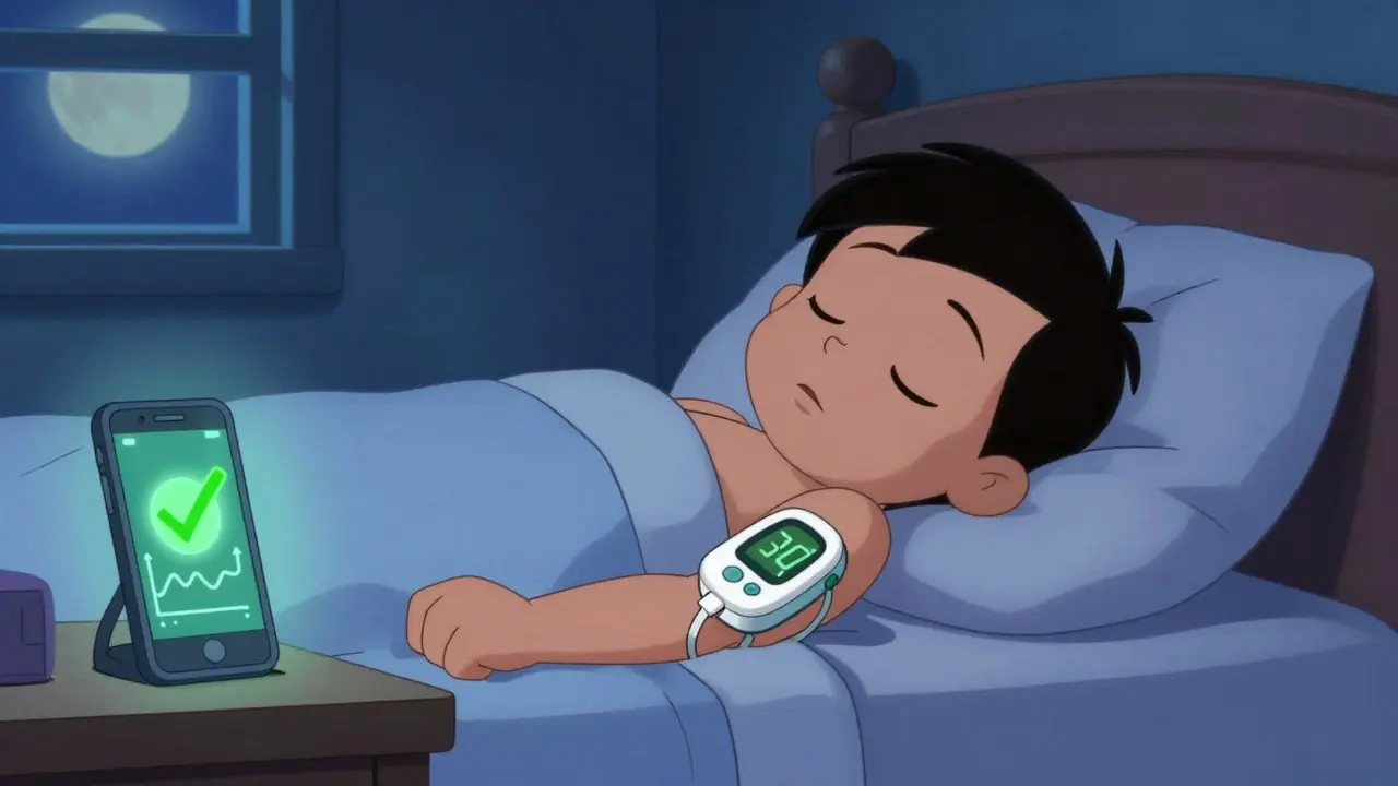 Person sleeping safely with a CGM monitor glowing on their phone