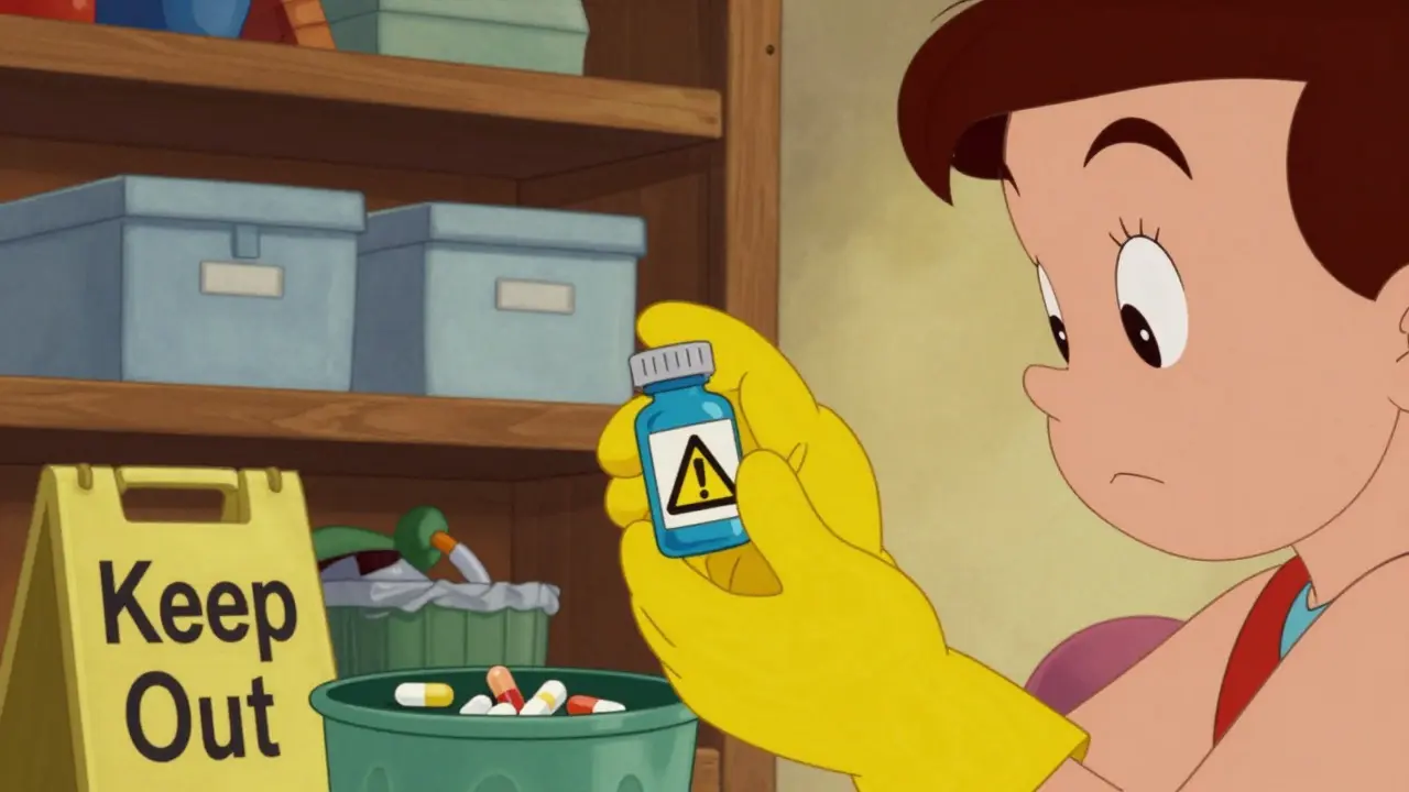Person wearing gloves safely handling antibiotic capsules at home