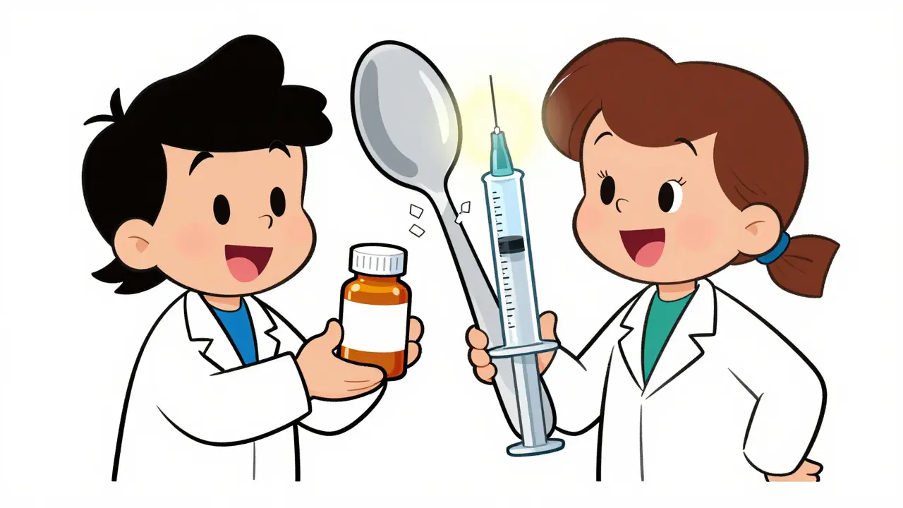 Pharmacist advising parent to use syringe instead of spoon