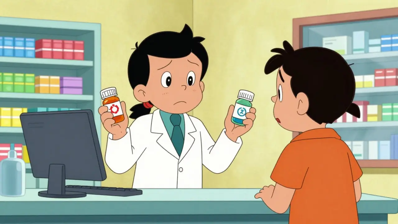 Pharmacist explaining generic differences to a confused patient