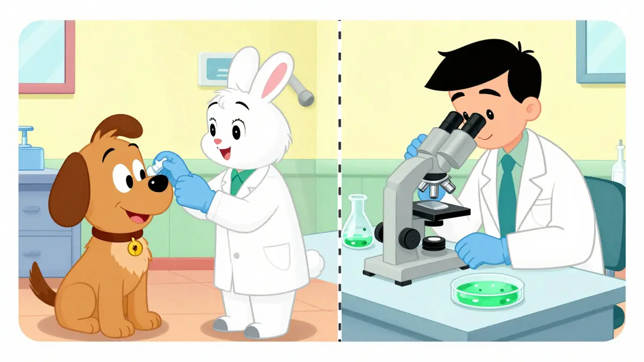 Split scene showing vet treating pets and scientist working in a lab