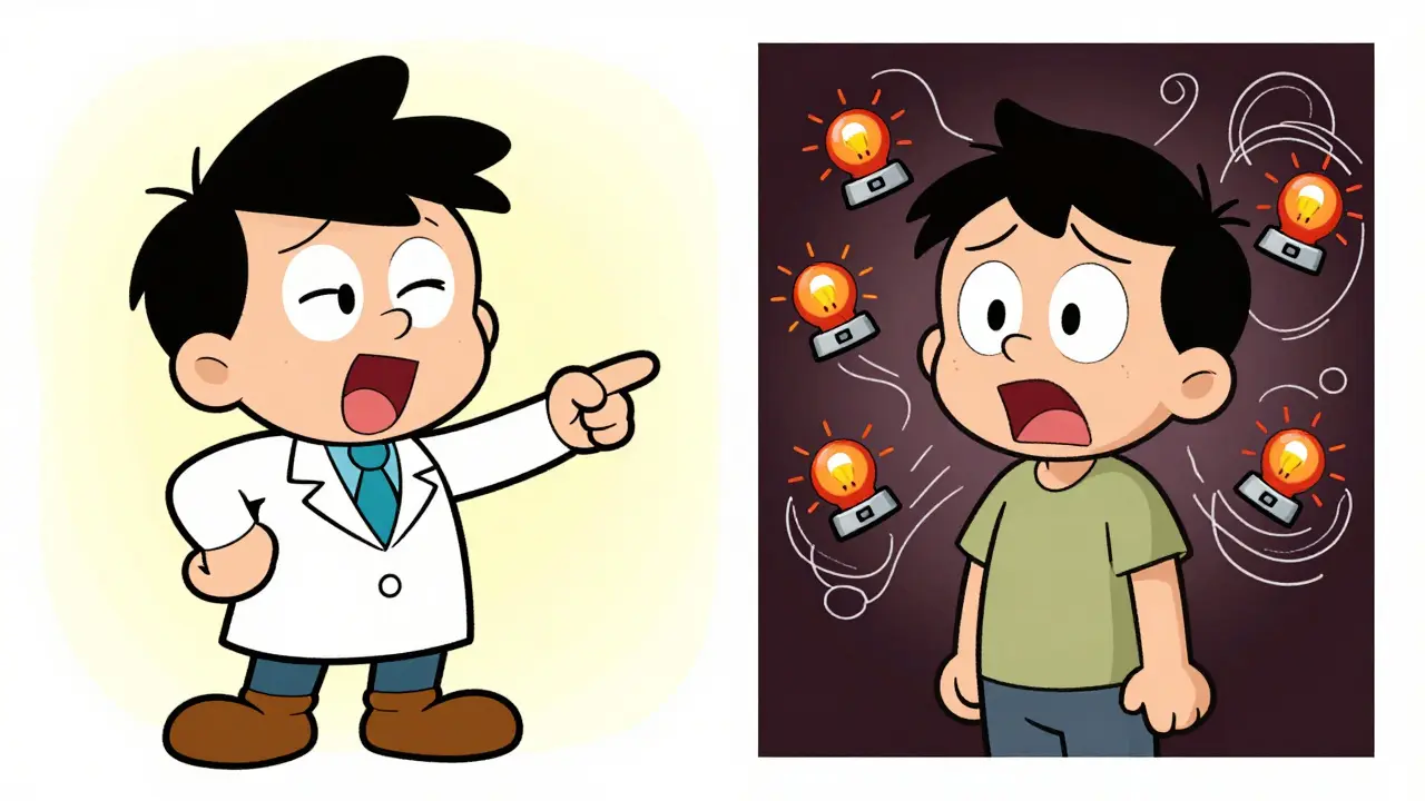 Split screen cartoon: calm drowsy patient vs shocked allergic reaction