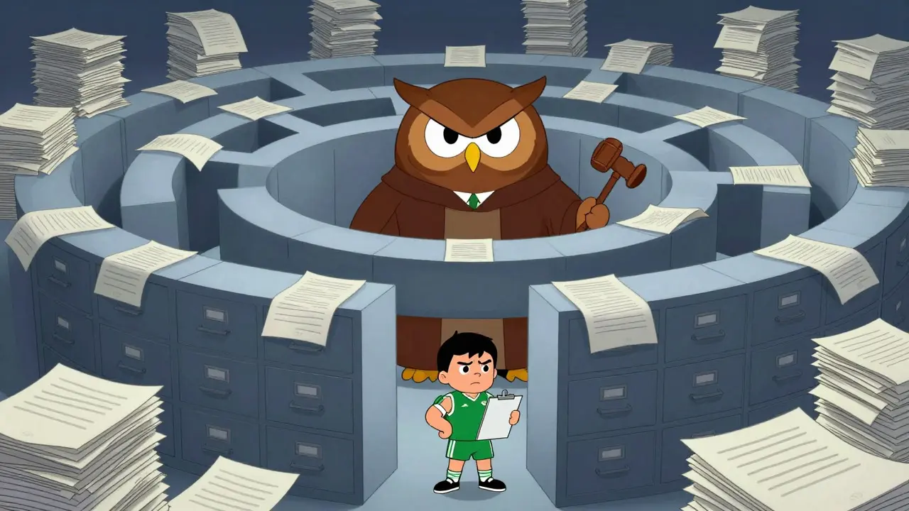 Animated athlete standing before a maze of paperwork and a judge owl