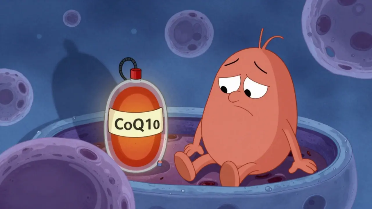 Animated mitochondrion looking tired due to low CoQ10 levels in a cell