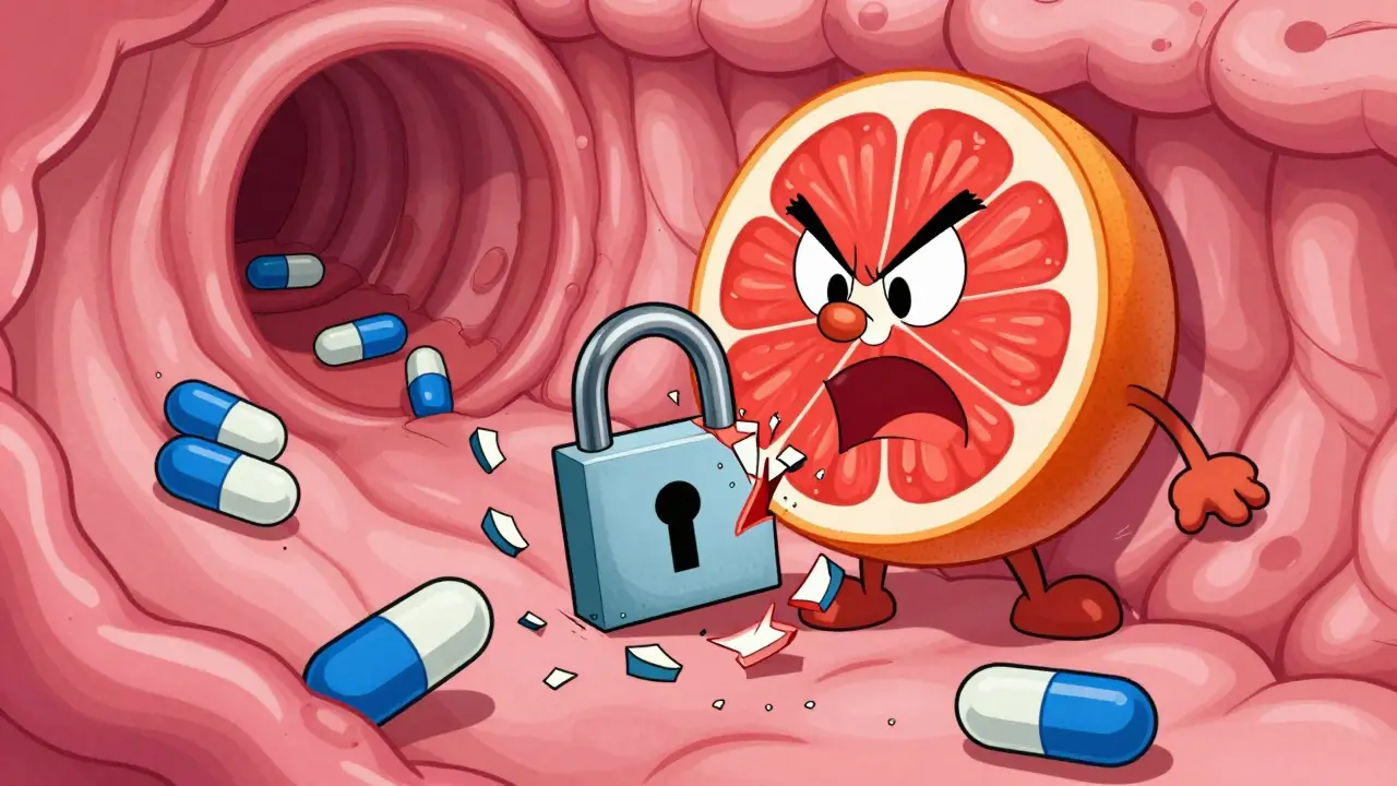 Cartoon grapefruit breaking an enzyme lock in a stylized intestinal tunnel