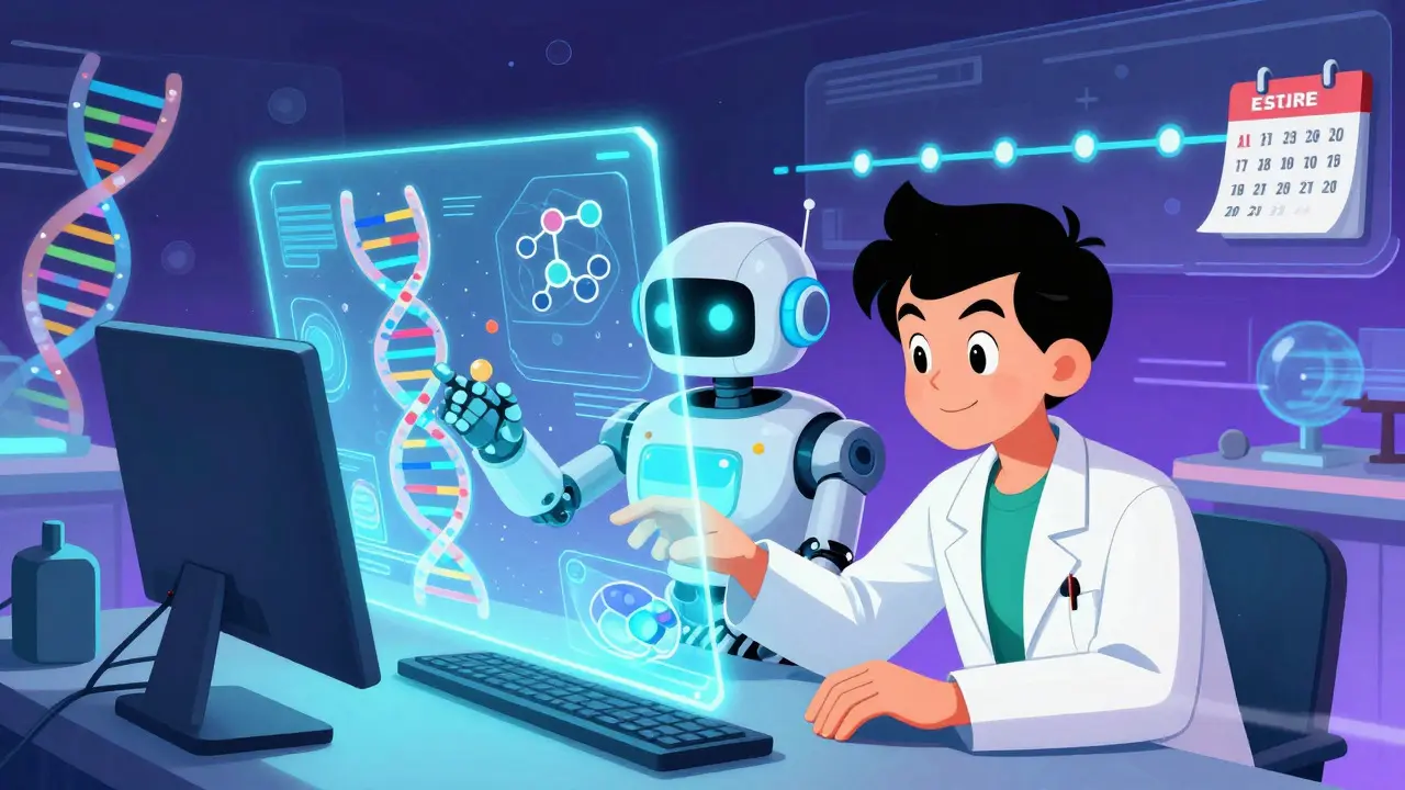 Cartoon of a robot and researcher using holograms to model drug release
