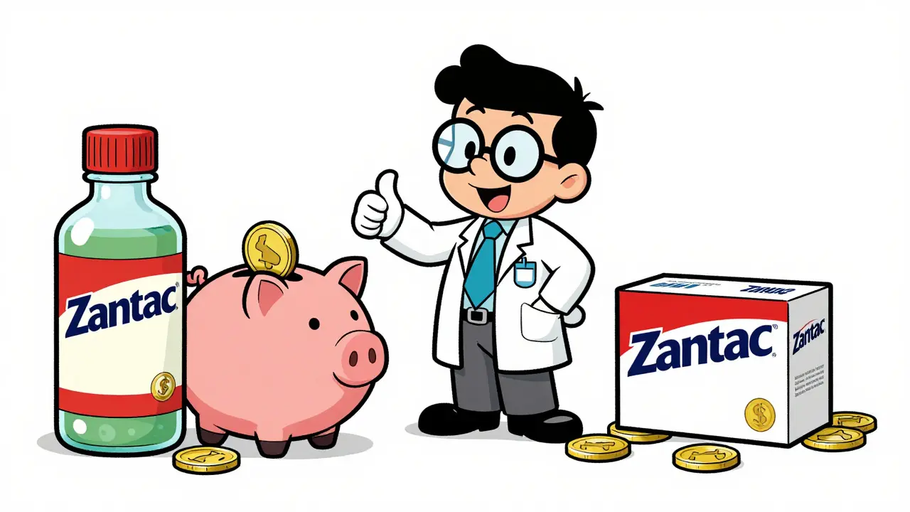 Cartoon pharmacist comparing brand vs generic medicine costs