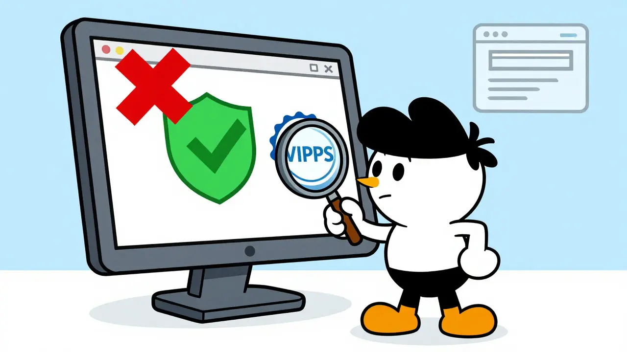 Cartoon shopper checking for safe online pharmacy seals