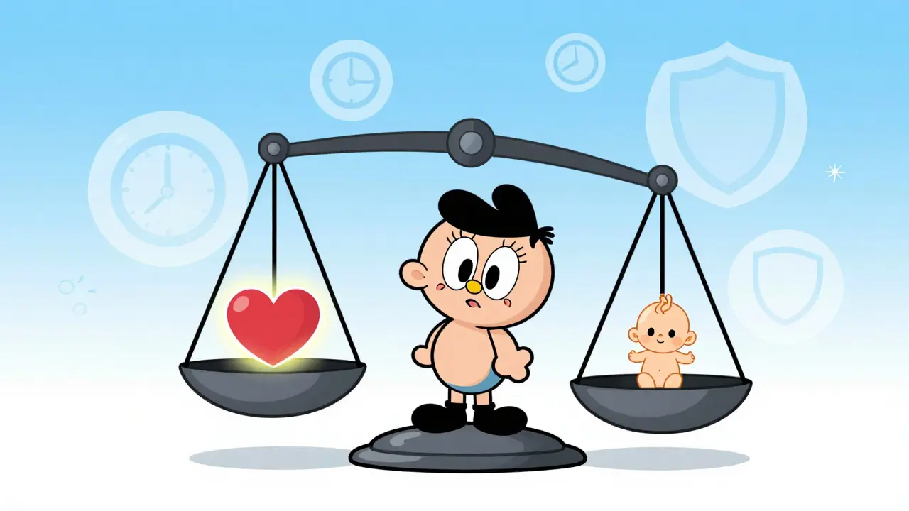 Character balancing health and safety symbols on a set of scales