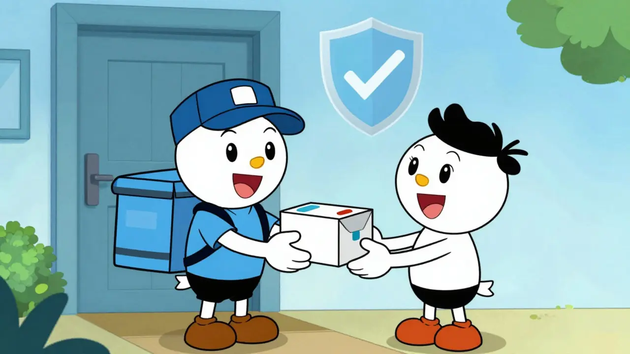 Delivery person handing medicine package to customer