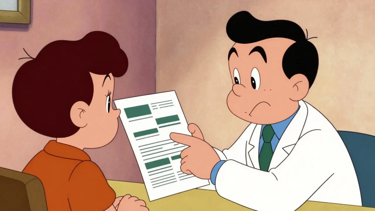 Doctor and patient discussing medication details at a desk
