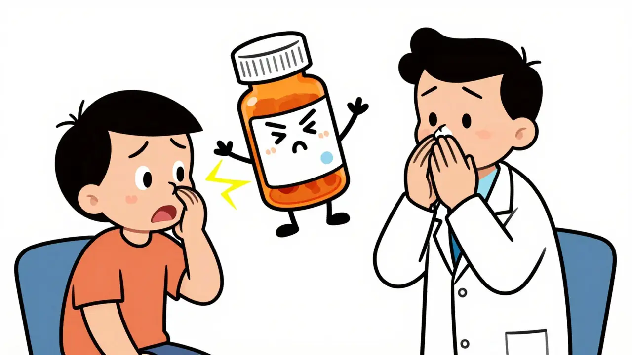 Doctor and patient discussing medication side effects cartoon