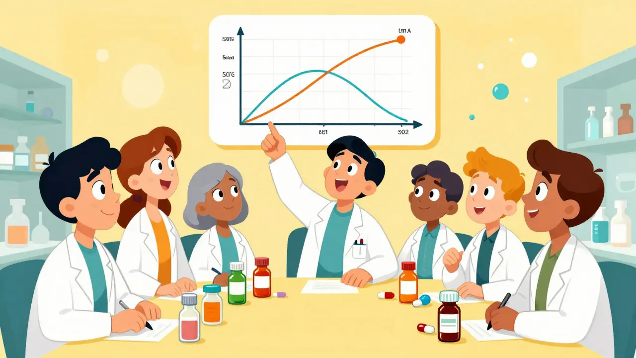 Illustration of scientists analyzing pills and a floating correlation graph