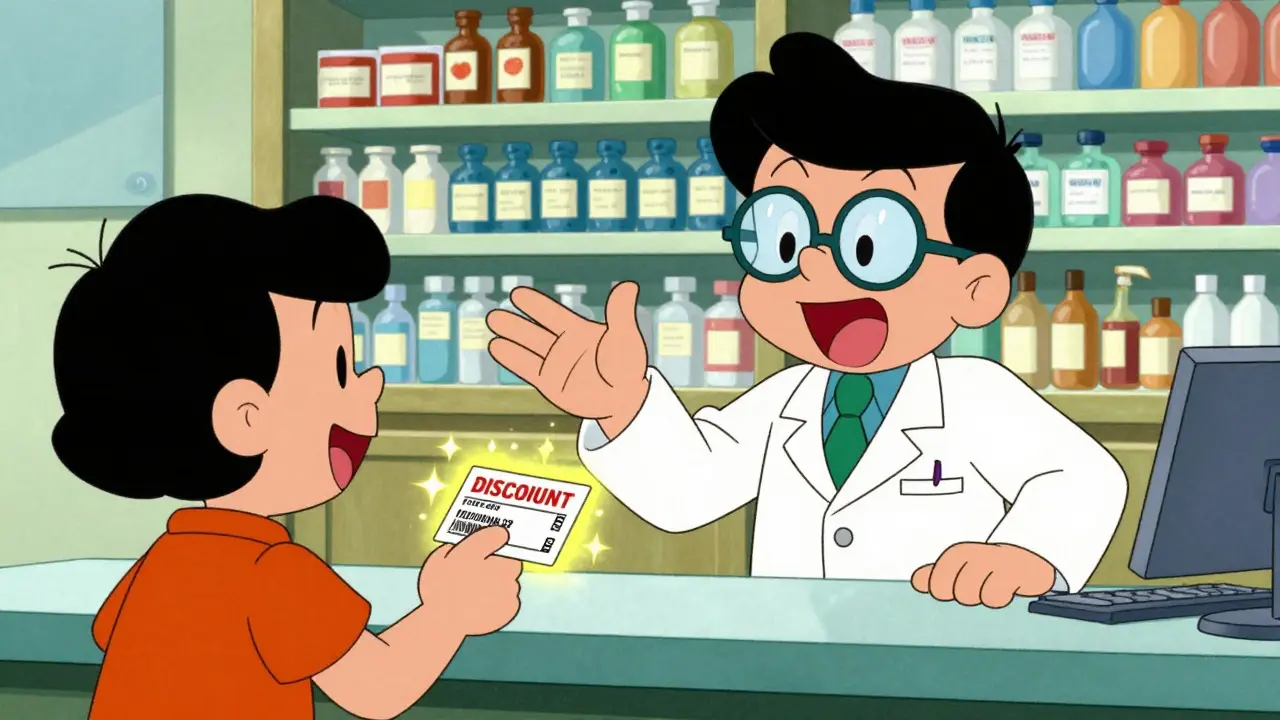 Pharmacist giving discount coupon to happy customer