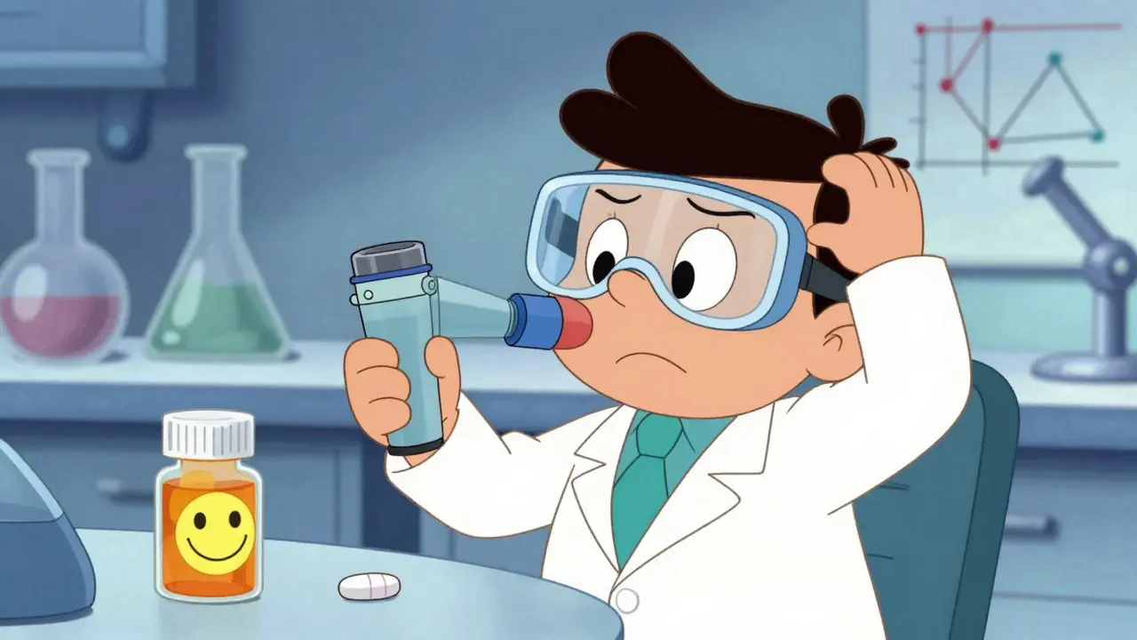 Scientist looking confused by complex inhaler device