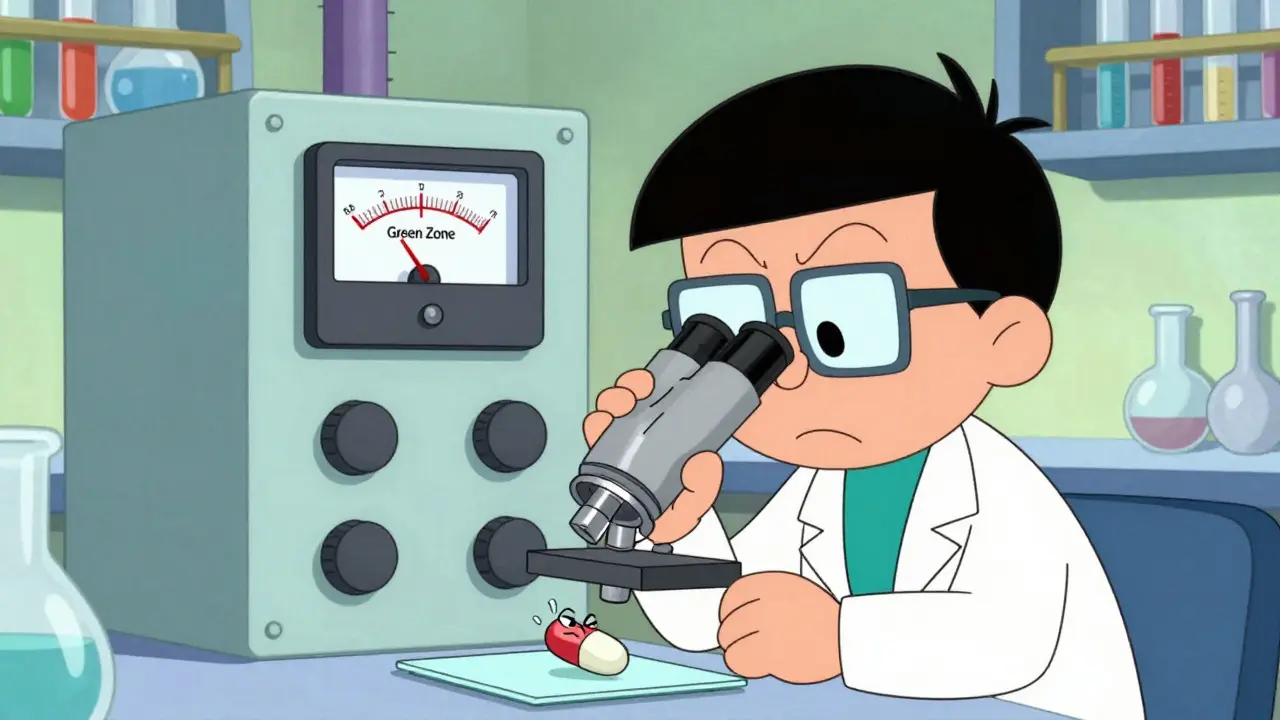 Scientist testing a nervous cartoon pill under a microscope in a lab