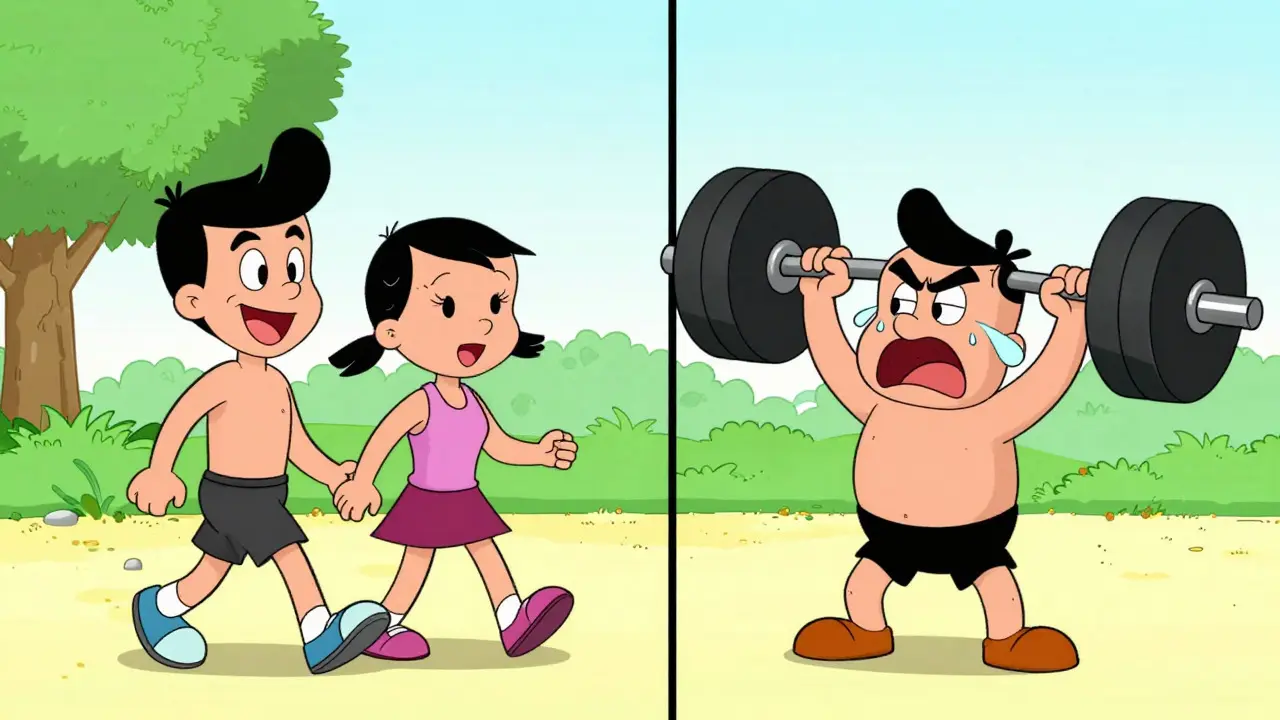 Split cartoon scene comparing safe walking versus risky heavy weightlifting