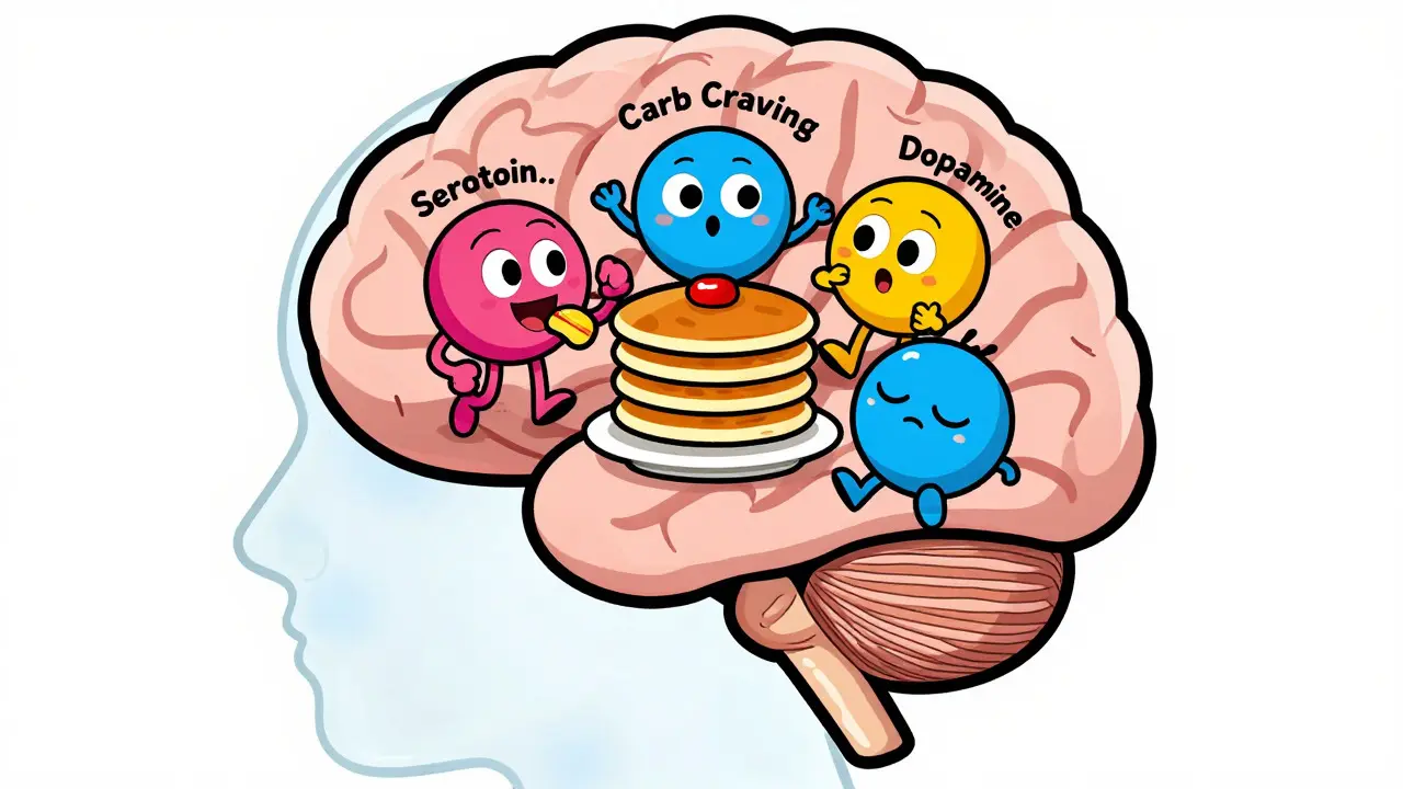 Stylized brain showing neurotransmitters causing carb cravings and sleepiness.
