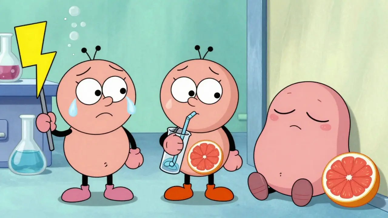 Three cartoon SSRI characters reacting differently to grapefruit in a lab
