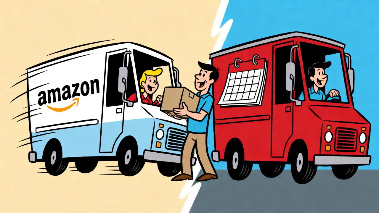Cartoon comparing fast US vs slow Canadian medication shipping
