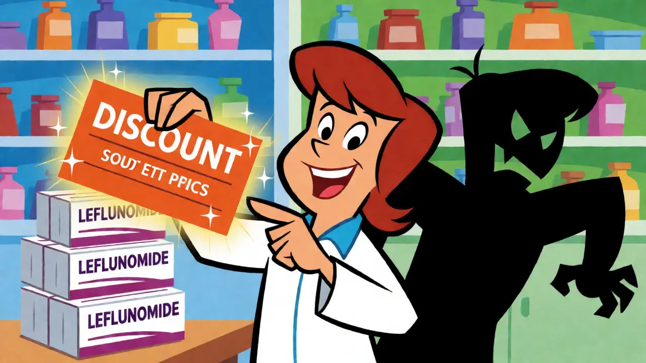Cartoon patient celebrating savings with Leflunomide discount