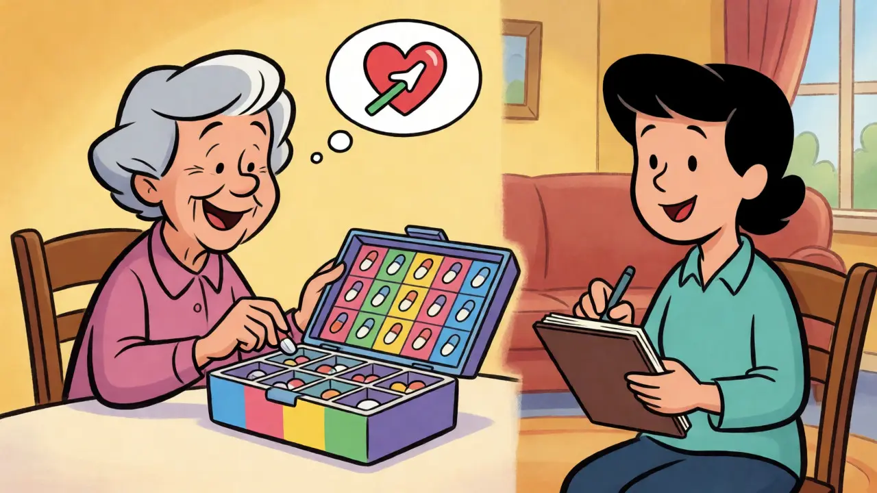 Elderly woman organizing pills with caregiver help