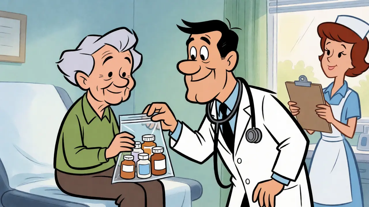 Senior showing medication bag to doctor